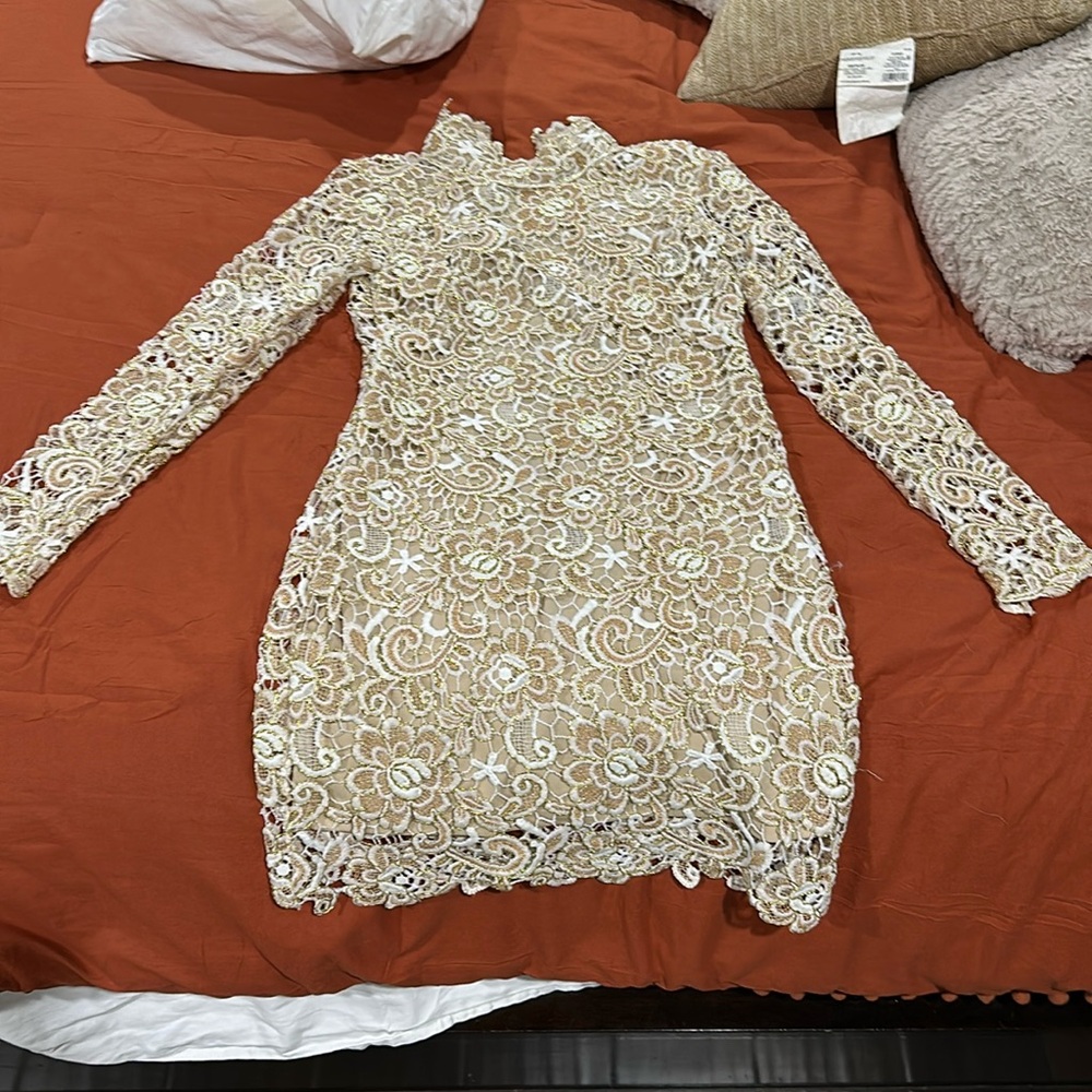 Cream/white lace long sleeve knee length dress upper back is open - Venus